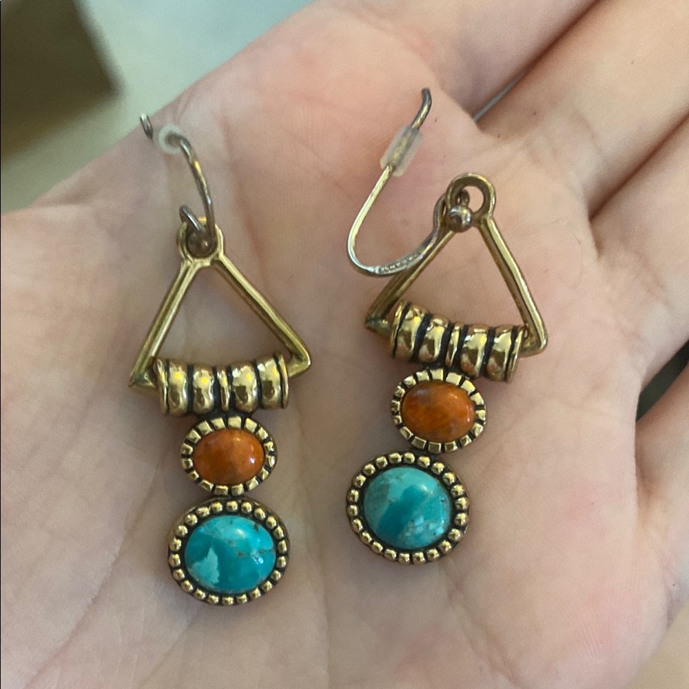 Vintage Coral & Turquoise Dangle Bronze Earrings